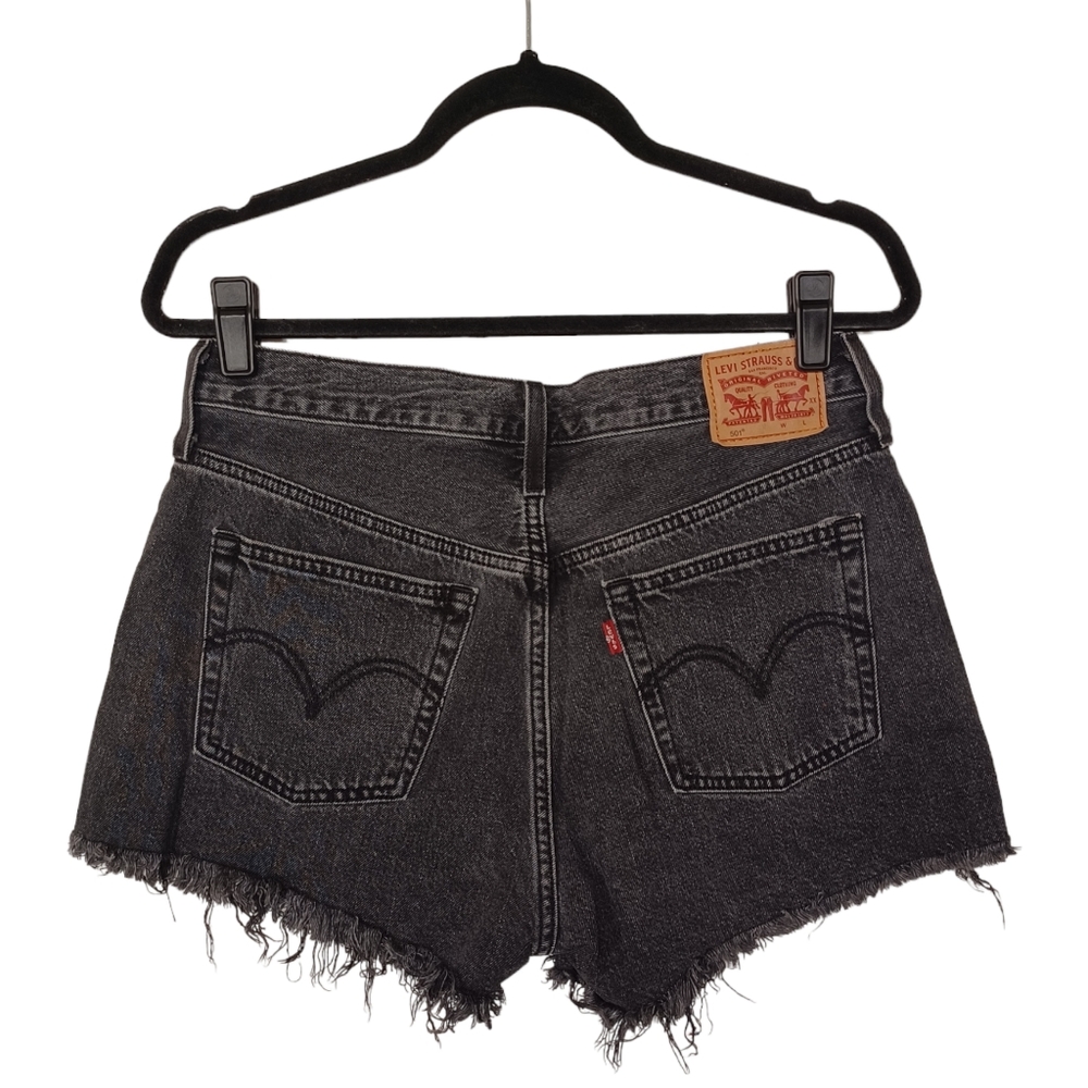 LEVI'S 501 Distressed Raw Hem Button Fly Black Jean Denim Shorts 29